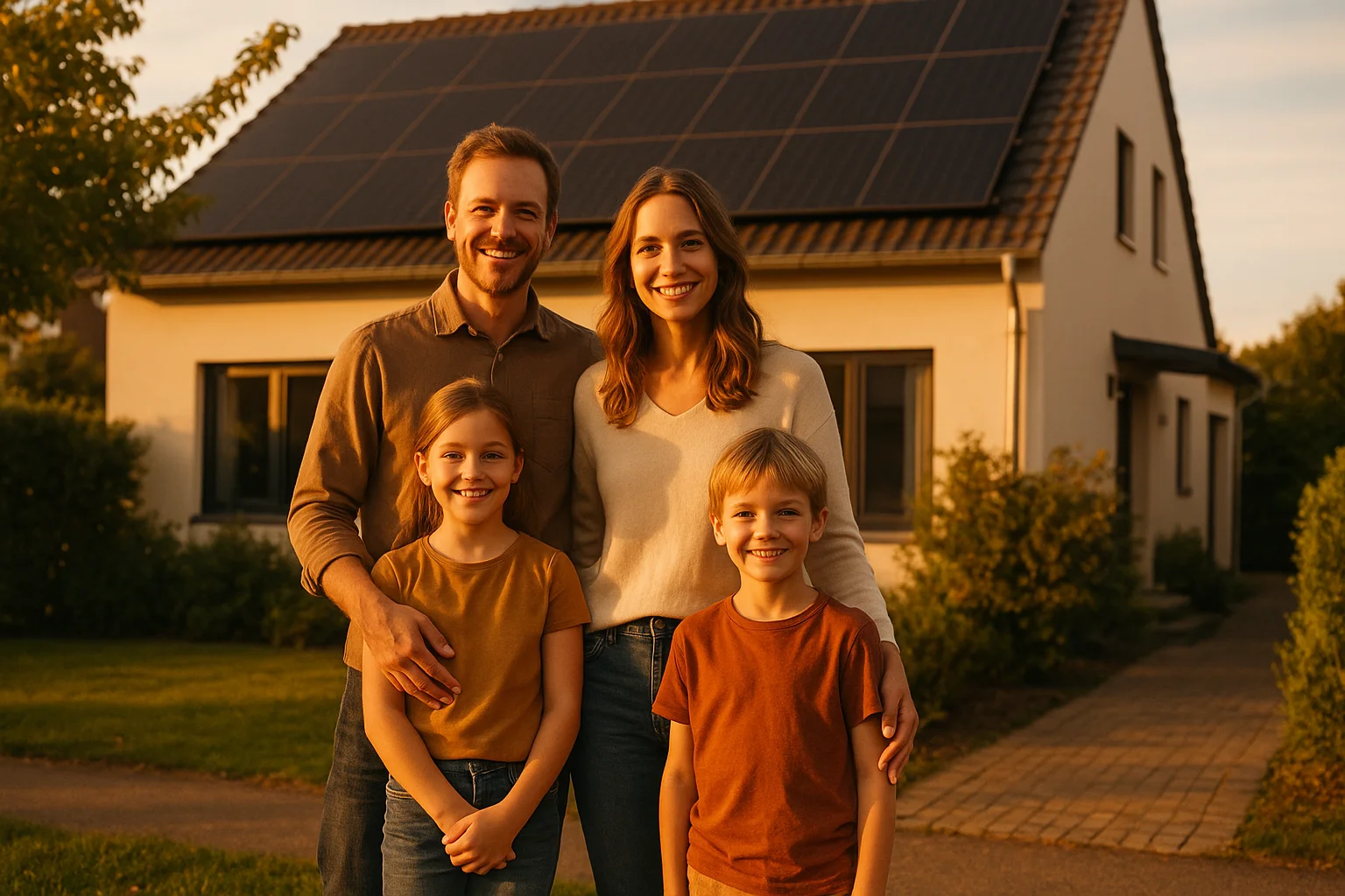 Glückliche Familie vor ihrem Solarhaus