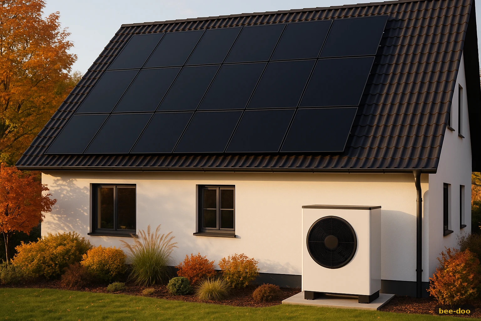Wärmepumpe und PV: Haus mit Solar und Wärmepumpe